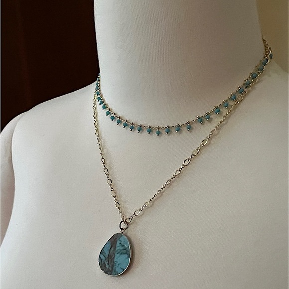 Turquoise and gold Double strand necklace - Picture 7 of 8